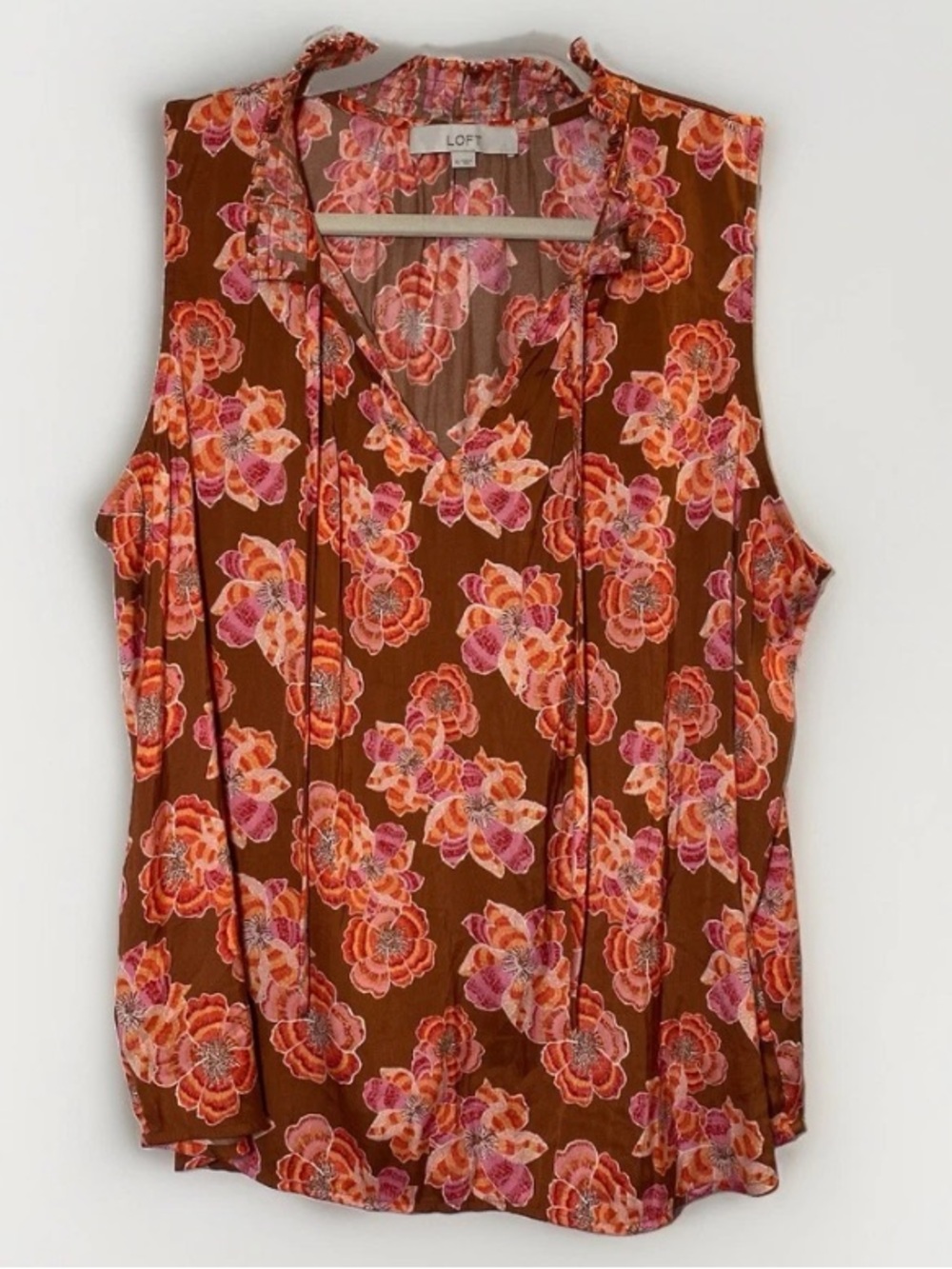LOFT Women's XL Blouse Top Red Brown Floral Sleeveless Ruffle Work Office Fall